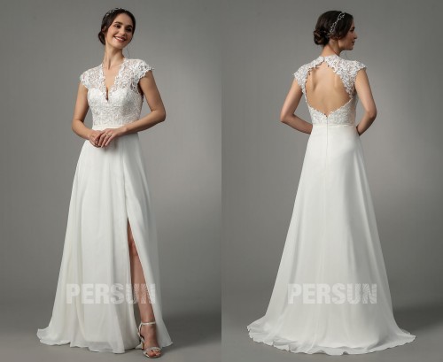 Robe de mariée décolleté en V haut en dentelle guipure