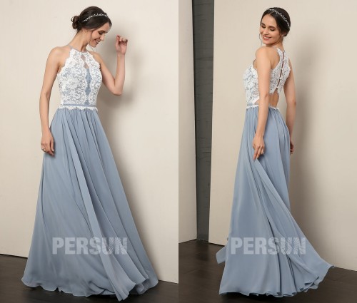 Robe soirée bleu serenity col halter haut en dentelle jupe évasée