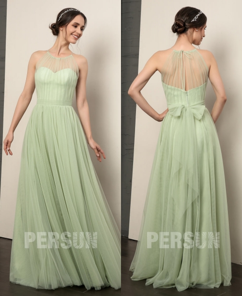 Robe soirée longue vert clari encolure convertible en tulle