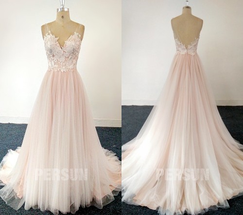 Robe de mariée bohème rose clair bustier V fleuri bretelles transparentes