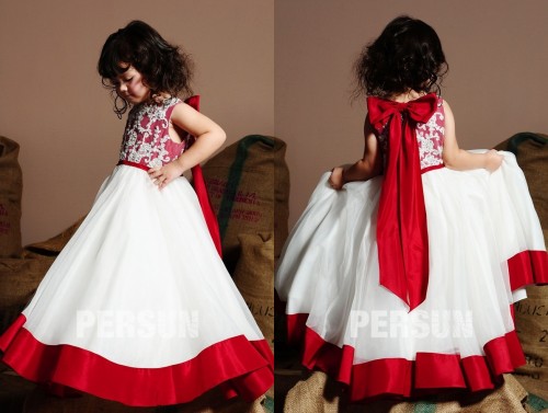 Robe de cérémonie fille blanche et rouge longue en organza